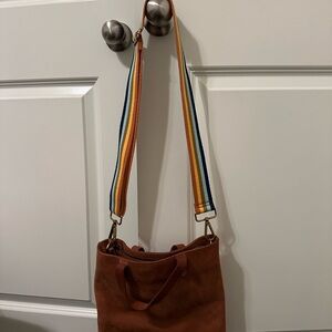 Madewell Brown Leather Tote suede rainbow strap adjustable